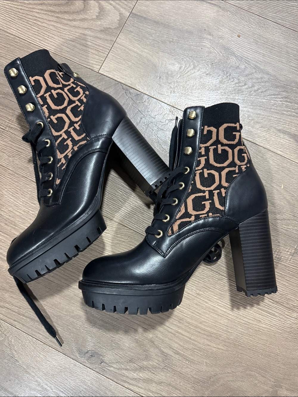 Guess Black Leather Platform Lace-Up Ankle Boots with Brown Logo Knit